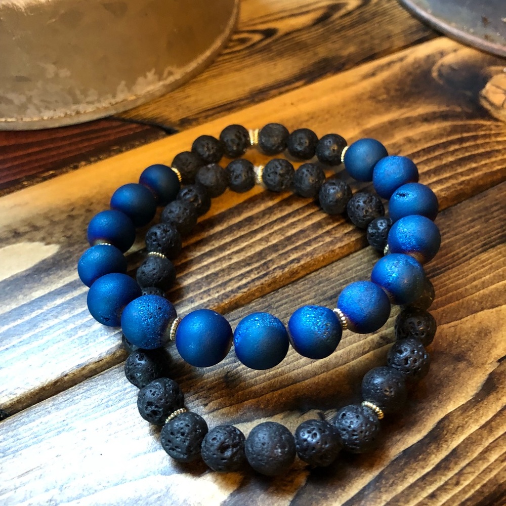 Blue Druzy agate lava stone bracelet